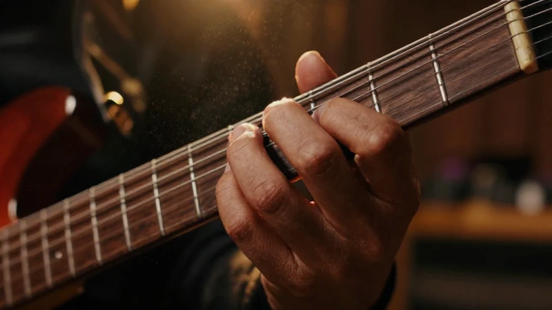 Primer plano de la mano de un guitarrista presionando las cuerdas sobre el mástil de madera.