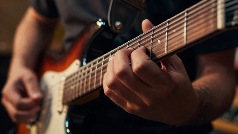 Primer plano de los dedos de un guitarrista presionando las cuerdas sobre un mástil de madera.