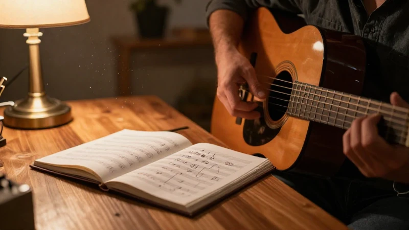 Músico tocando la guitarra acústica junto a un cuaderno con partituras en un estudio iluminado.