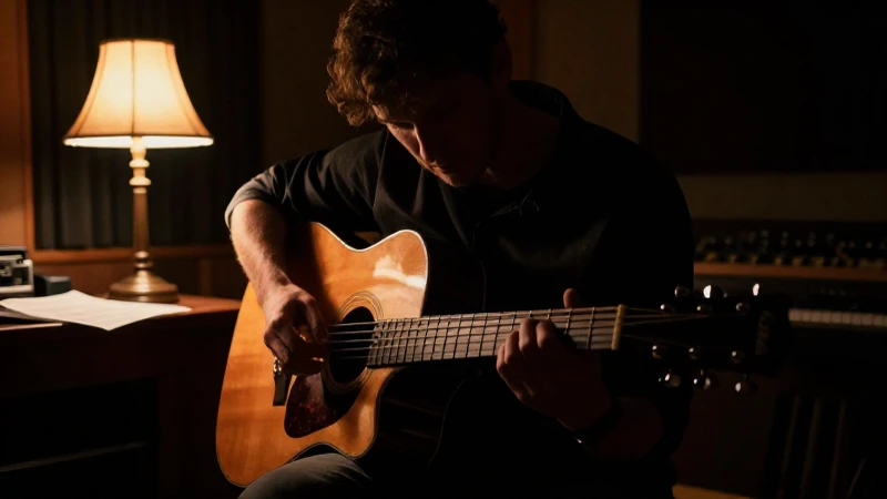 Guitarrista concentrado tocando una guitarra acústica en un estudio con luz tenue y cálida.