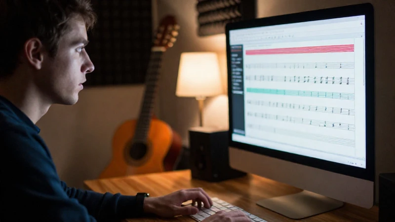 Compositor concentrado trabajando con partituras digitales en un estudio musical tenuemente iluminado.
