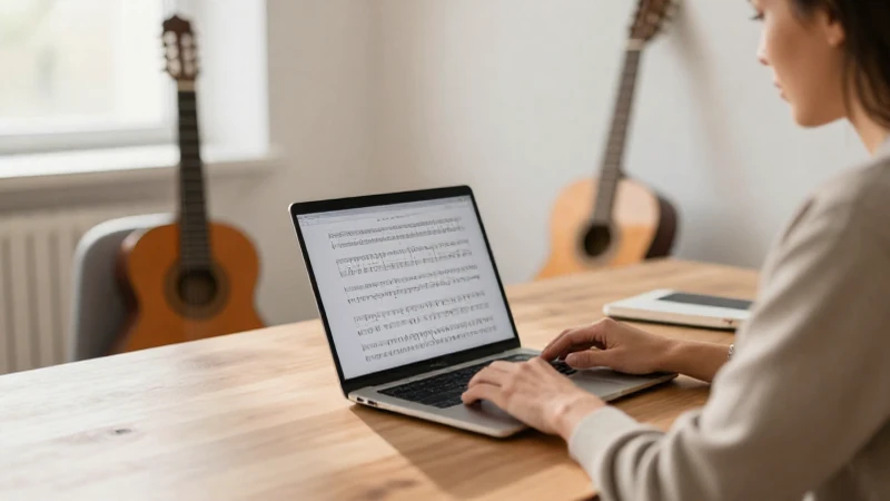 Educador musical trabajando con partituras en un portátil en un estudio iluminado con una guitarra al fondo.