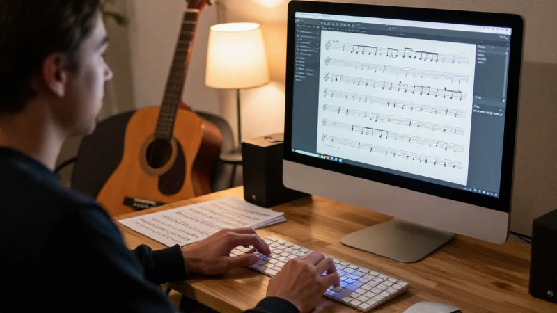 Educador musical trabajando frente a un monitor con partituras en un estudio acogedor.