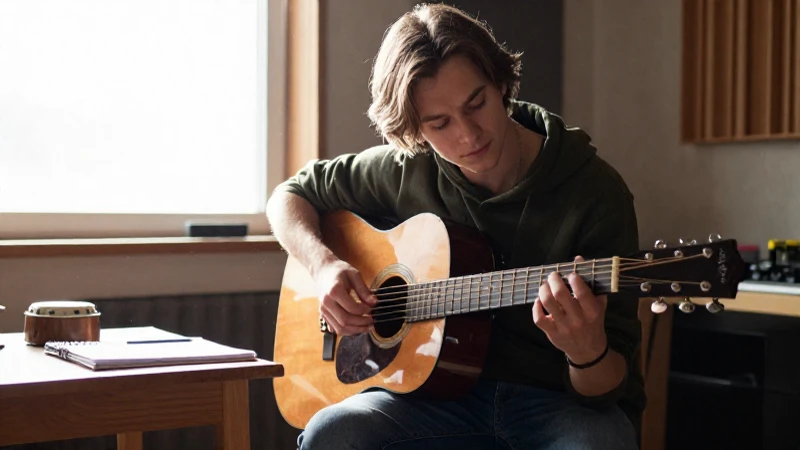 Músico concentrado sentado en un estudio acogedor junto a su guitarra acústica y un cuaderno.