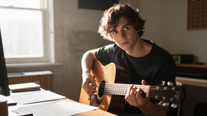 Joven músico sentado en su estudio con una guitarra acústica bajo la luz del sol.