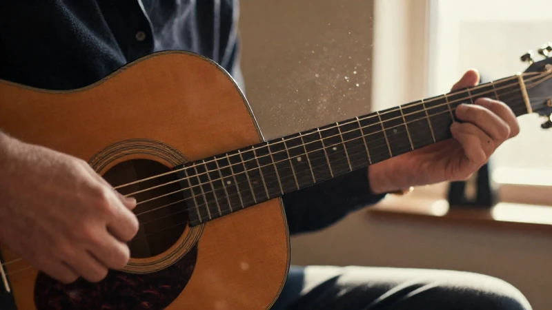 Manos de un músico tocando las cuerdas de una guitarra acústica bajo la luz dorada.