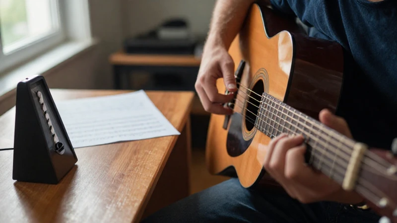 Manos de un estudiante practicando guitarra acústica junto a un metrónomo y partituras escritas.