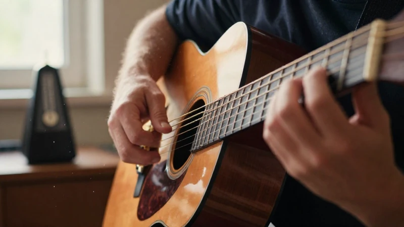 Manos de un músico ejecutando acordos en una guitarra acústica de madera bajo la luz solar.