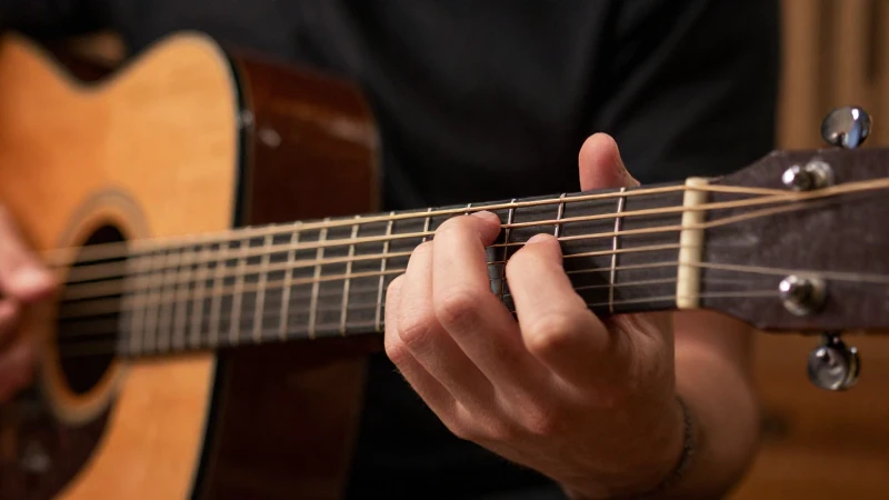 Primer plano de la mano de un guitarrista ejecutando un arpegio sobre las cuerdas de una guitarra acústica.