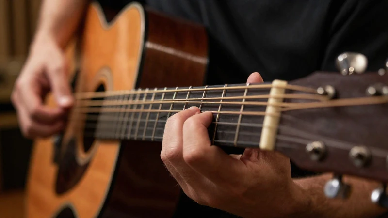 Primer plano de las manos de un guitarrista tocando las cuerdas de una guitarra acústica.