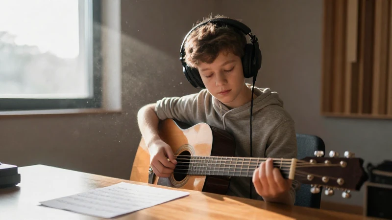 Estudiante concentrado con auriculares y una guitarra acústica en un estudio iluminado por el sol.