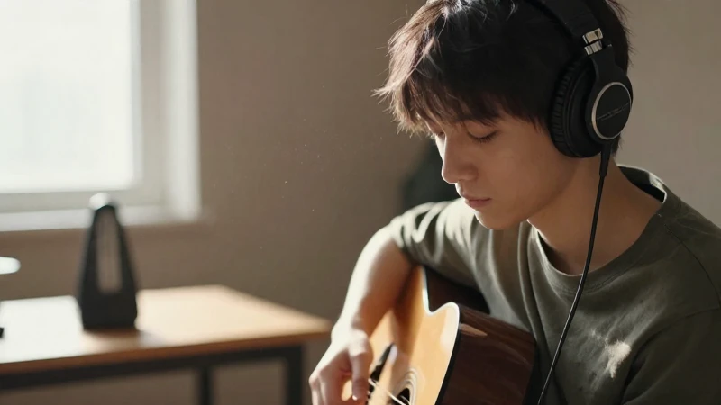 Estudiante concentrado con auriculares y una guitarra en un estudio de música iluminado por el sol.