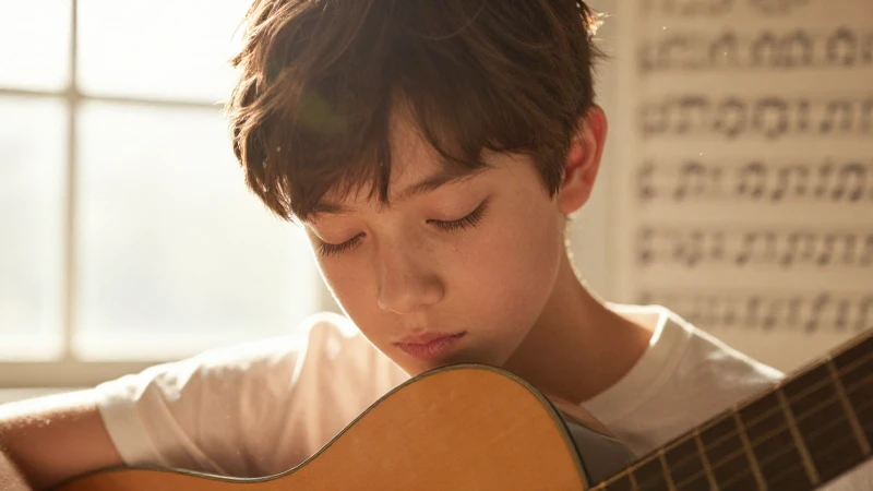 Estudiante con ojos cerrados concentrado junto a una guitarra bajo la luz del sol.