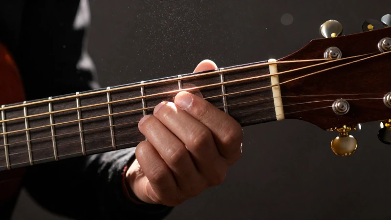 Manos de un músico presionando acordes sobre el diapasón de una guitarra acústica de madera.