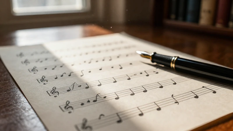 Partitura de música clásica manuscrita junto a una pluma estilográfica sobre un escritorio de madera.