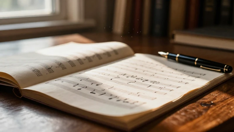 Partitura musical antigua manuscrita junto a una pluma estilográfica sobre un escritorio de madera.