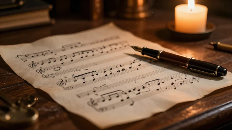 Partituras de música clásica con anotaciones complejas sobre un escritorio de madera iluminado por velas.