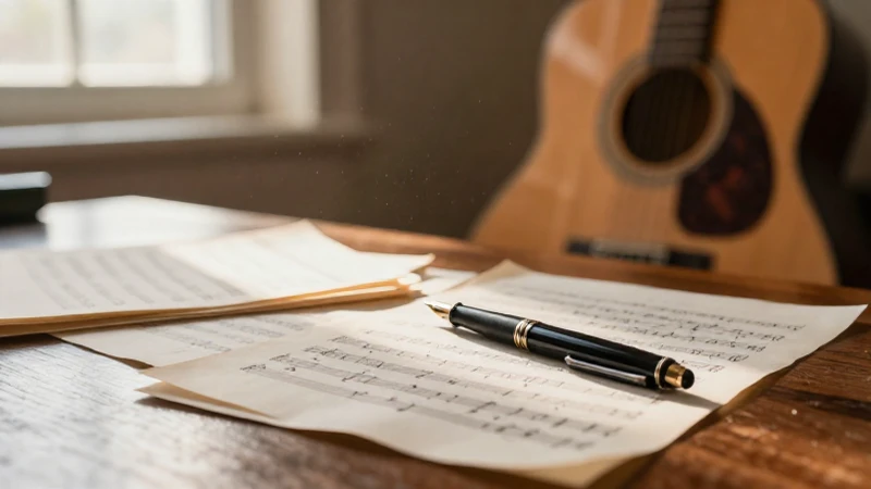Partituras manuscritas y una pluma antigua sobre un escritorio de madera con una guitarra al fondo.