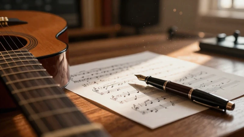 Partitura manuscrita con una pluma elegante junto a una guitarra sobre un escritorio de madera.