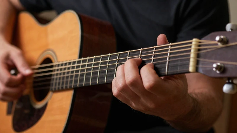 Manos de un guitarrista presionando con fuerza las cuerdas sobre el mástil de una guitarra acústica de madera.