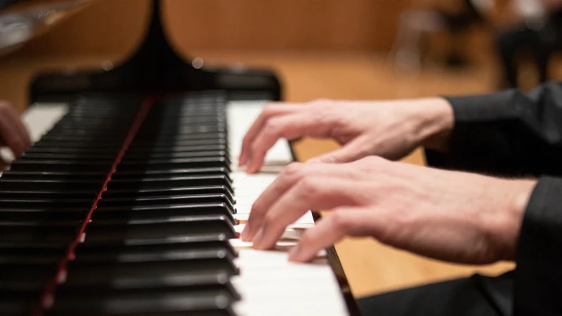 Manos de un pianista tocando con expresividad las teclas de un piano de cola.
