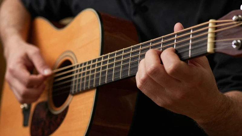 Primer plano de las manos de un guitarrista ejecutando técnicas de púa y fingerstyle sobre cuerdas de bronce.