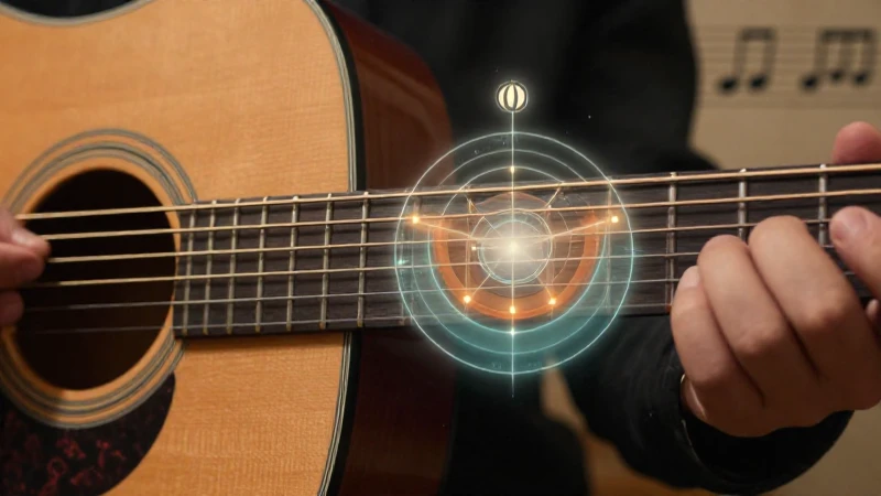 Mano de un músico sujetando acordes en el mástil de una guitarra con un diagrama del círculo de quintas superpuesto.