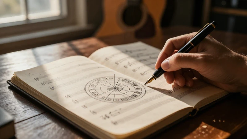 Una mano con una pluma estilográfica sobre un cuaderno de música con un círculo de quintas.
