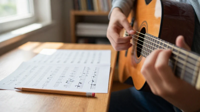 Manos de un estudiante tocando la guitarra junto a partituras y ejercicios de ritmo sobre un escritorio.