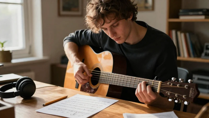 Joven guitarrista concentrado frente a una partitura manuscrita en un estudio iluminado por el sol.