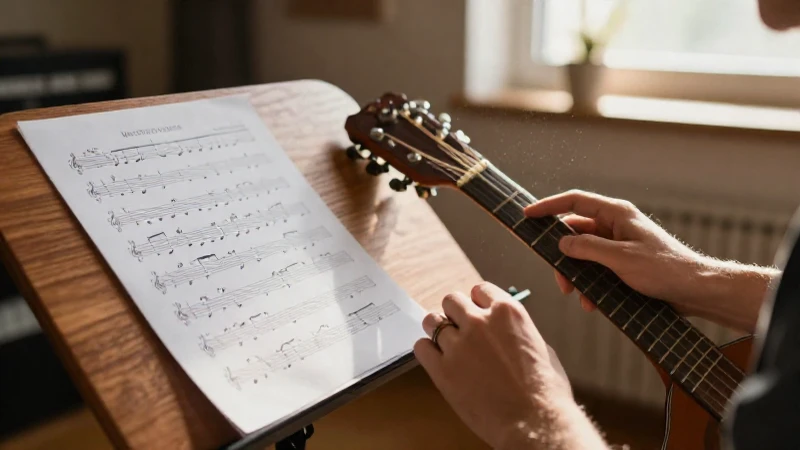 Manos tocando acordes en una guitarra acústica sobre un atril junto a partituras escritas a mano.