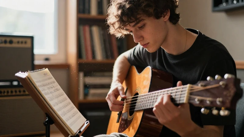 Joven músico concentrado tocando la guitarra acústica en un estudio iluminado por el sol.