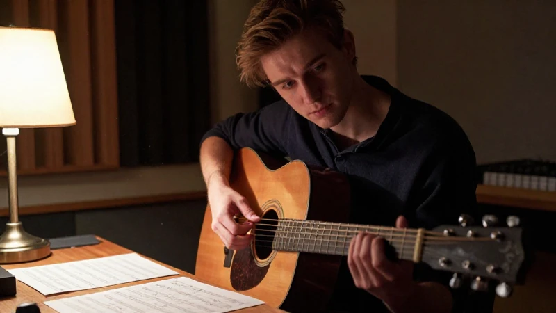 Joven músico concentrado con una guitarra acústica frente a partituras en un estudio acogedor.