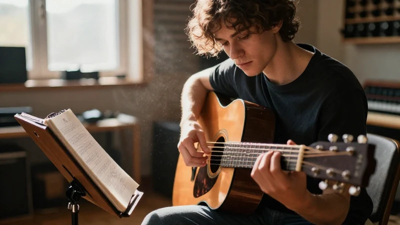 Joven músico concentrado tocando la guitarra acústica en un estudio luminoso con notas musicales.