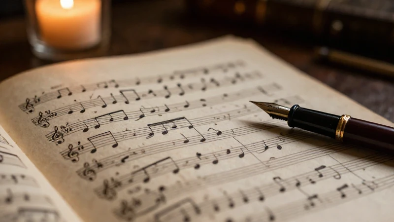 Partitura musical antigua escrita a mano con una pluma estilográfica sobre un pergamino envejecido.