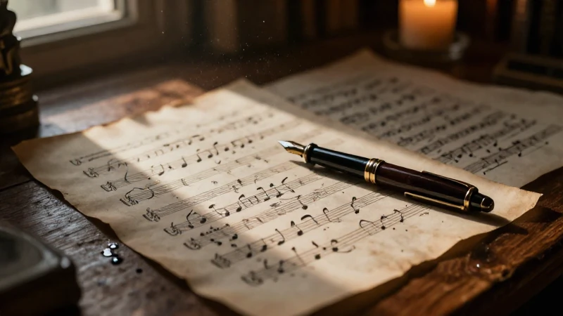 Partitura musical manuscrita con una pluma antigua sobre un escritorio de madera iluminado por velas.
