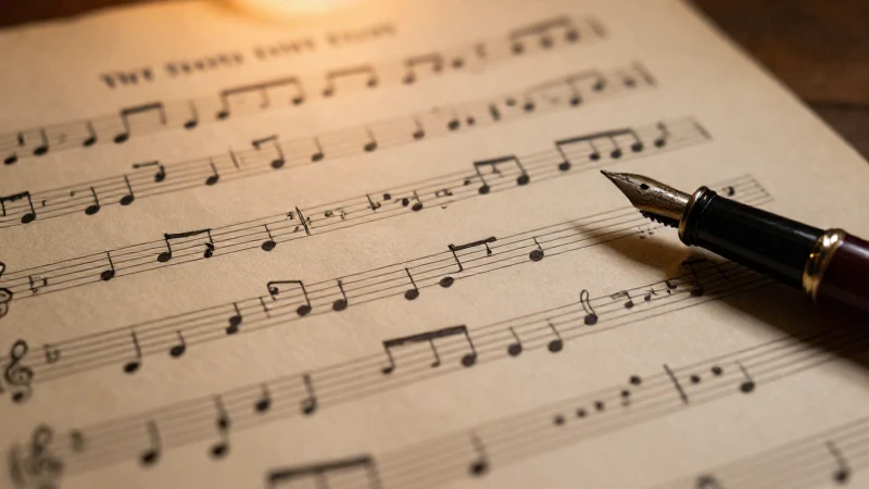 Partitura antigua escrita a mano sobre un pergamino con una pluma fuente junto a la luz de una vela.