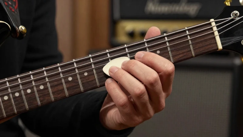 Primer plano de la mano de un guitarrista realizando una técnica de barrido sobre las cuerdas.