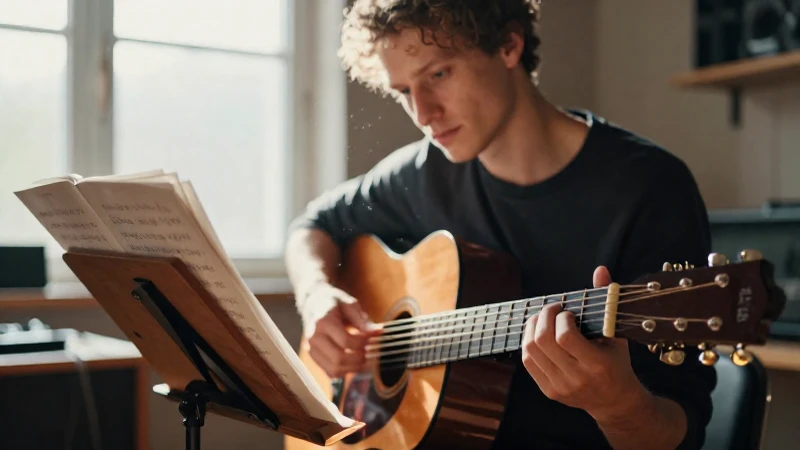 Músico concentrado leyendo una partitura frente a su guitarra acústica en un estudio iluminado.