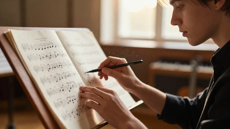 Manos de un músico joven siguiendo una partitura sobre un atril de madera bajo la luz del atardecer.