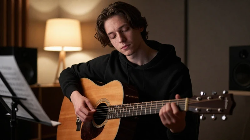 Joven músico concentrado tocando una guitarra acústica en un estudio casero con luz cálida.
