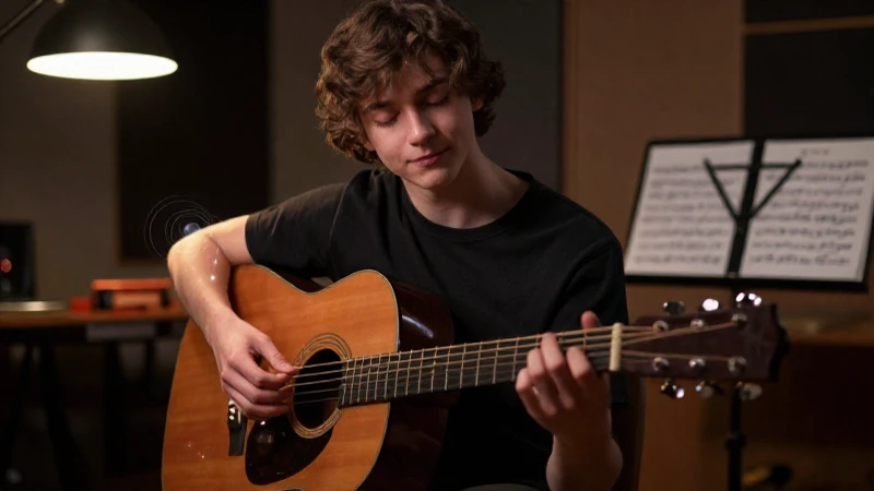 Músico con los ojos cerrados concentrado ante una guitarra acústica en un estudio acogedor.
