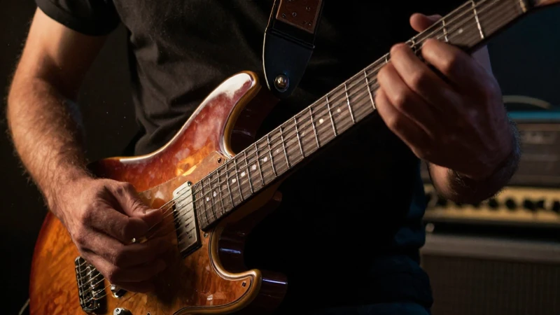 Primer plano de las manos de un guitarrista ejecutando un solo en una guitarra eléctrica.