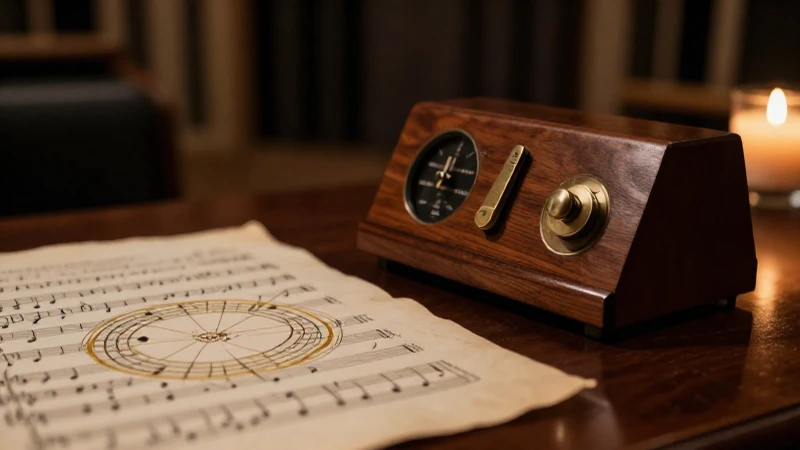 Metrónomo de madera antiguo junto a una partitura con el diagrama del círculo de quintas.