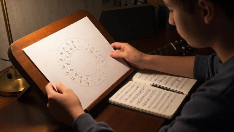 Estudiante de música frente a un diagrama del círculo de quintas con una guitarra acústica.