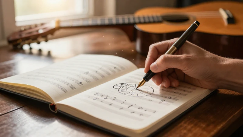 Una mano dibuja el círculo de quintas en un cuaderno musical sobre un escritorio de madera.