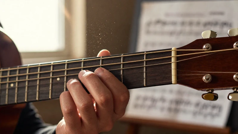 Dedos de un músico presionando cuerdas sobre el diapasón de una guitarra acústica de madera.
