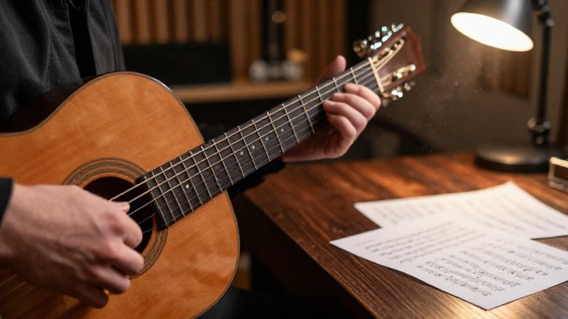 Manos de un músico tocando una guitarra acústica sobre una mesa con partituras escritas a mano.