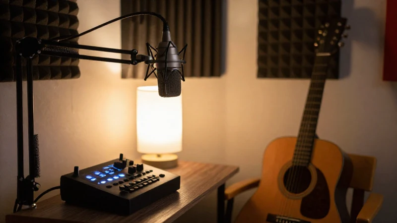 Micrófono profesional y equipo de audio sobre un escritorio en un estudio de grabación casero.