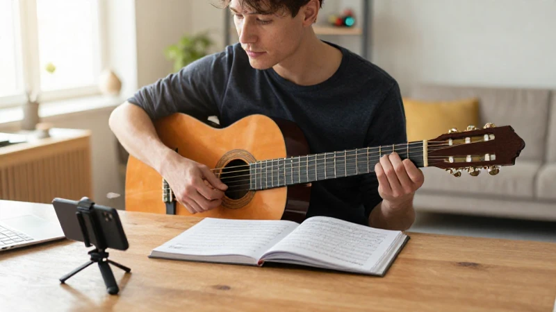 Estudiante adulto sentado ante un escritorio de madera con una guitarra clásica y apuntes de música.